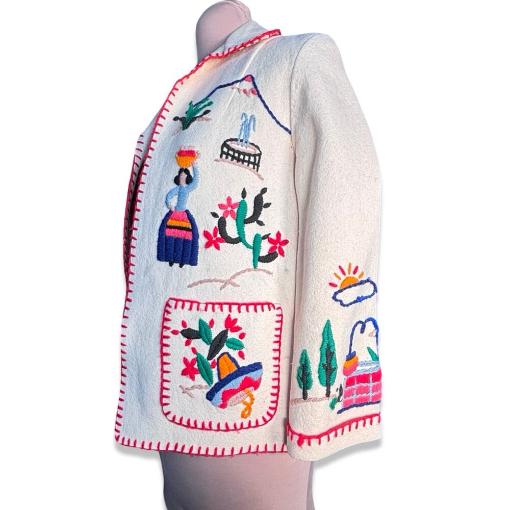 Vintage Hand Embroidered Folk Art Jacket Mexican Southwestern Wool Coat Medium - Picture 9 of 16